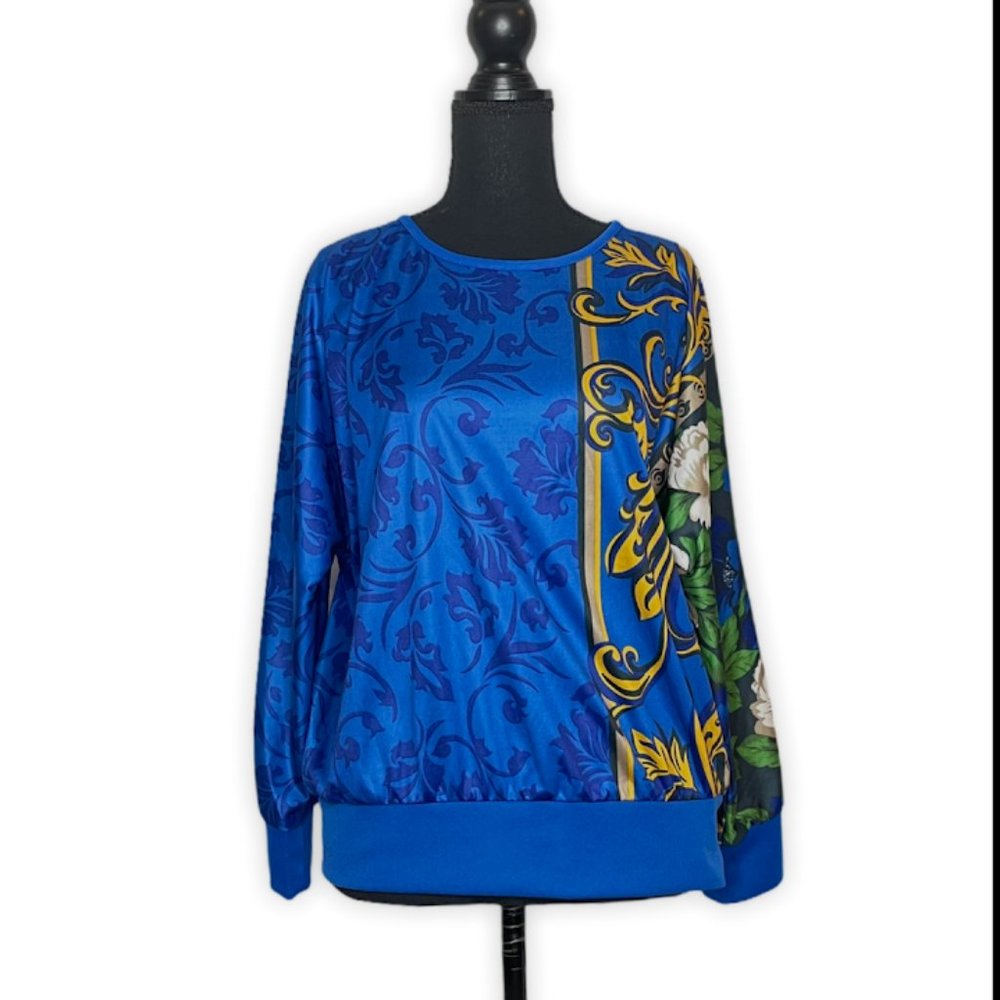 Vintage Blair Statement Top | Bold Blue Print Long Sleeve | Retro 80s/90s Style